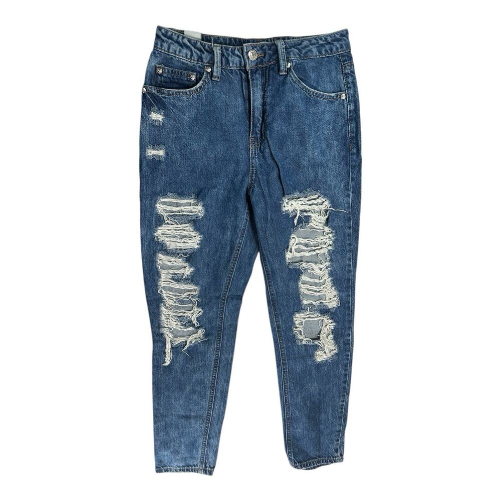 Almost Famous Distressed Mom Jeans Womens Juniors Size 1 Medium Wash Blue Ripped